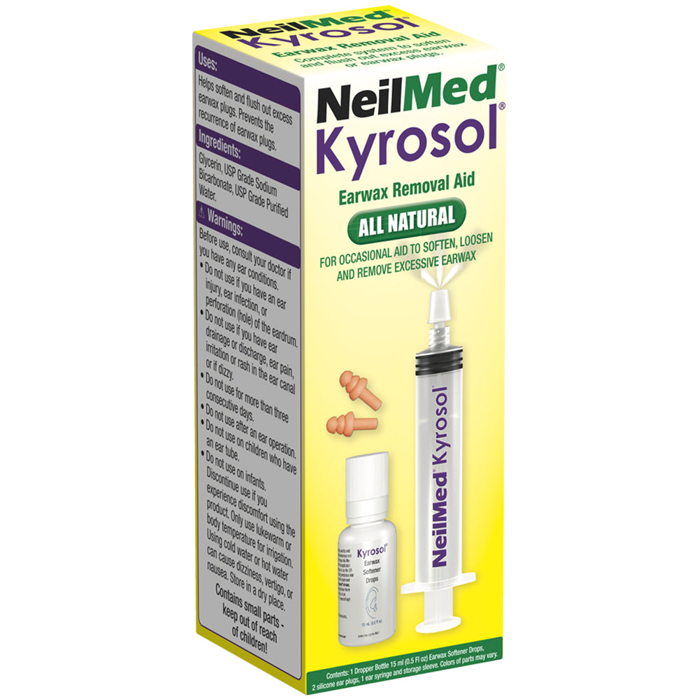NeilMed Kyrosol All Natural Earwax Removal Aid packaging box, showing the product bottle and syringe on a white background.