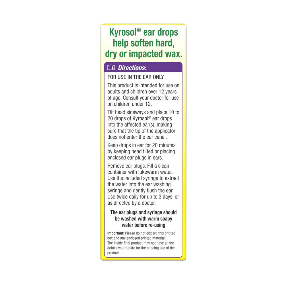 Kyrosol ear drops product directions label showing usage instructions for softening hard, dry or impacted wax.