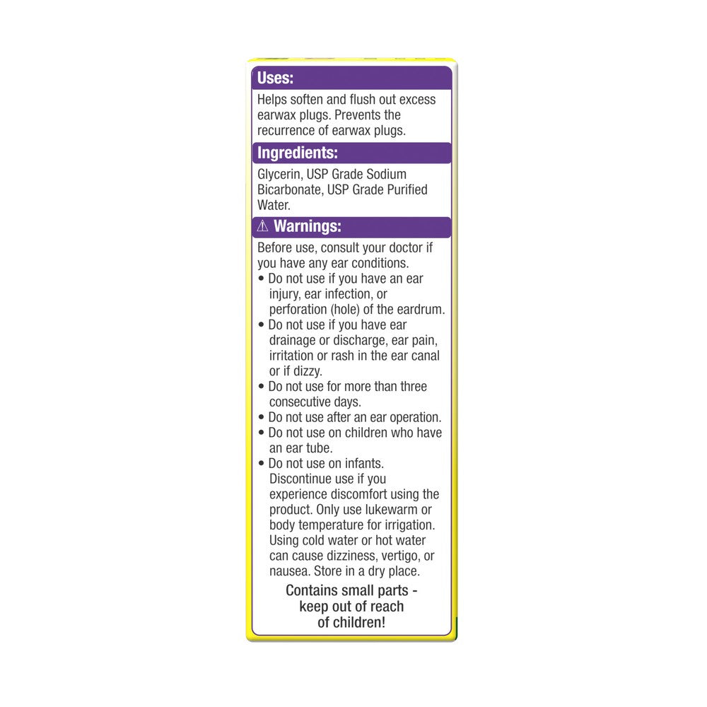 Product label for Kyrosol All-Natural Ear Wax Removal Kit showing uses, ingredients, and safety warnings.