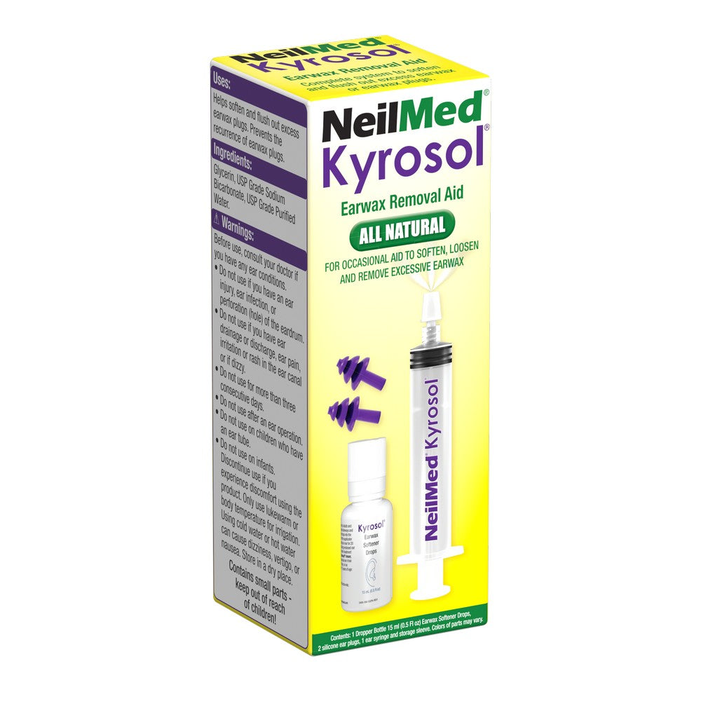 NeilMed Kyrosol Earwax Removal Aid box displaying the product bottle with applicator and purple foam ear plugs.