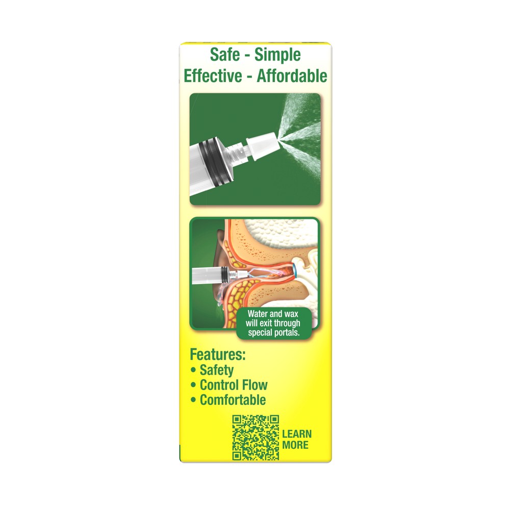 Kyrosol ear wax removal product packaging showing spray applicator and ear canal diagram with features listed as safe, simple, effective, and affordable.
