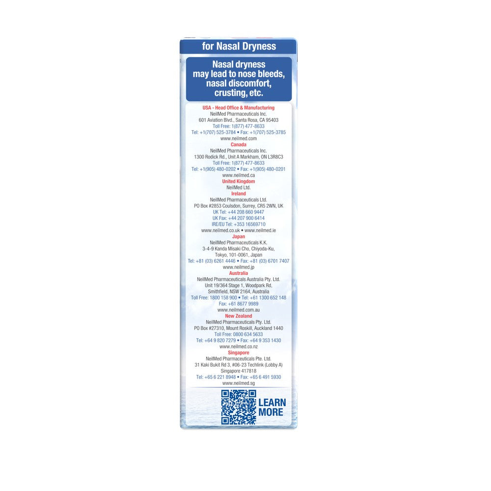 A tall, narrow informational card or package insert with a blue header reading 'for Nasal Dryness' and dense contact information, photographed on a plain white background.