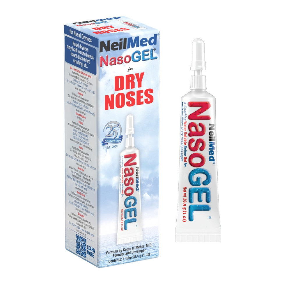 NeilMed NasoGEL for Dry Noses shown with its retail box and a single applicator tube on a plain white background.