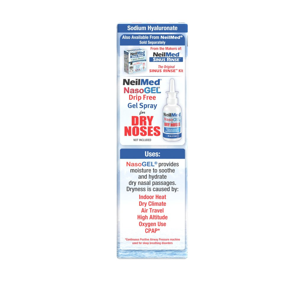 A tall, narrow retail package for NeillMed NasoGEL Drip Free Gel Spray on a plain white background. The package is mostly white with blue panels and red text, and includes a small product bottle illustration near the top.