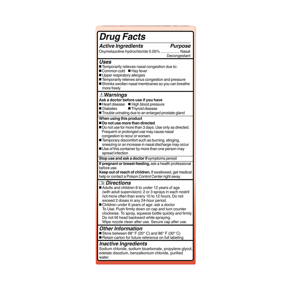 Drug facts label for a nasal decongestant spray on a white background