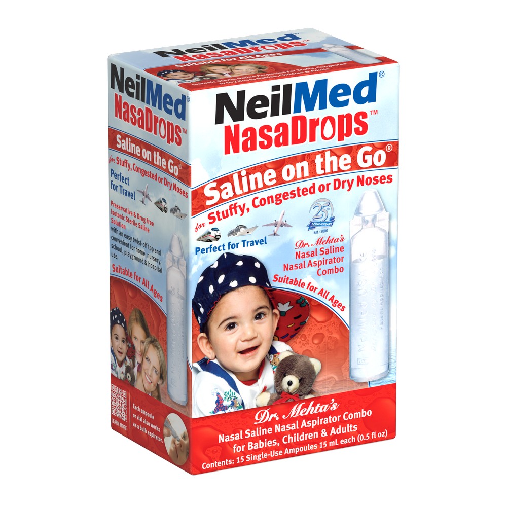 NeilMed NasaDrops Saline on the Go packaging with a child and teddy bear illustration.