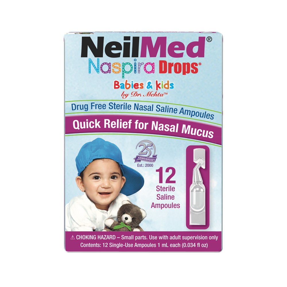 NeilMed Naspira Drops packaging for babies and kids with a child wearing a blue hat and holding a teddy bear.