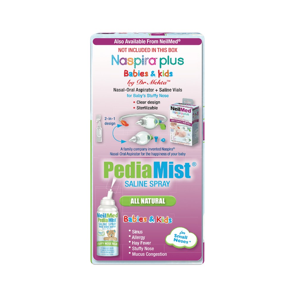 Naspira plus Babies & Kids packaging with PediaMist Saline Spray on a white background