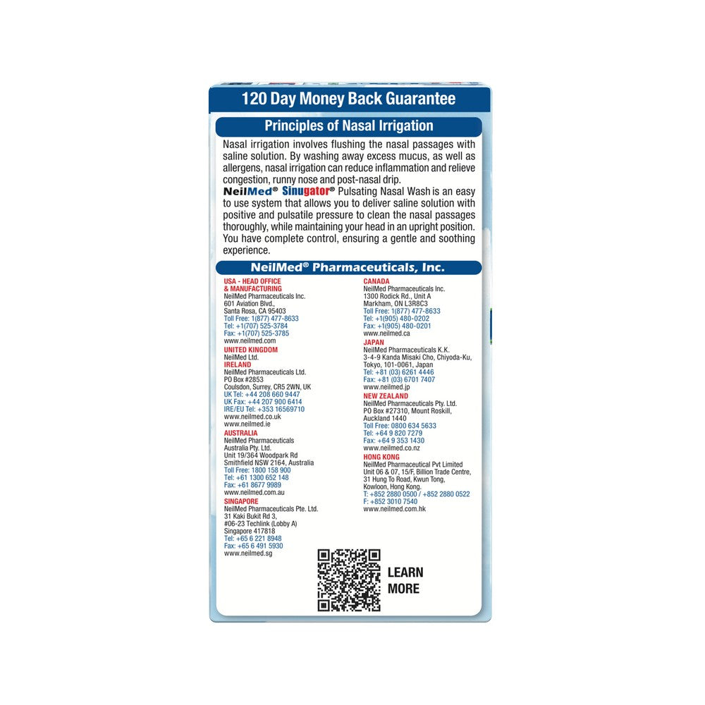 Back label of a nasal irrigation device packaging with text and contact information.