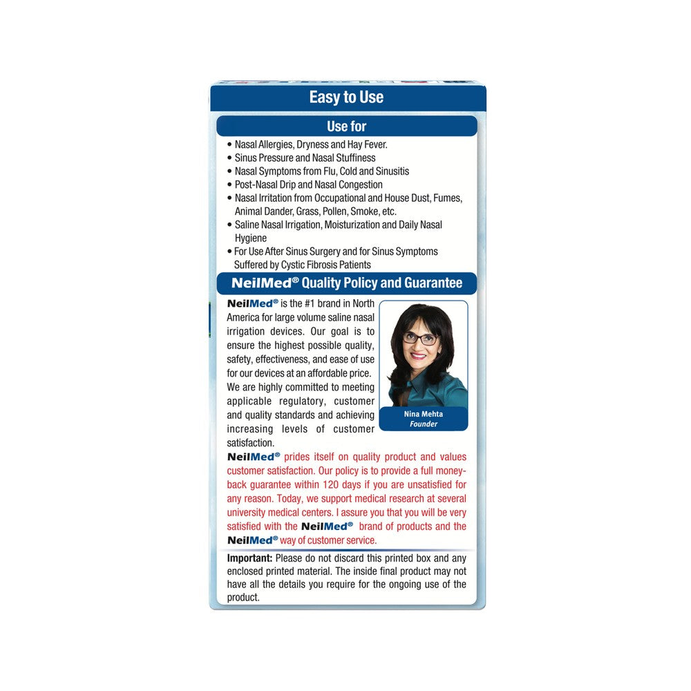 NeiMed product packaging with text and a photo of a woman on a white background