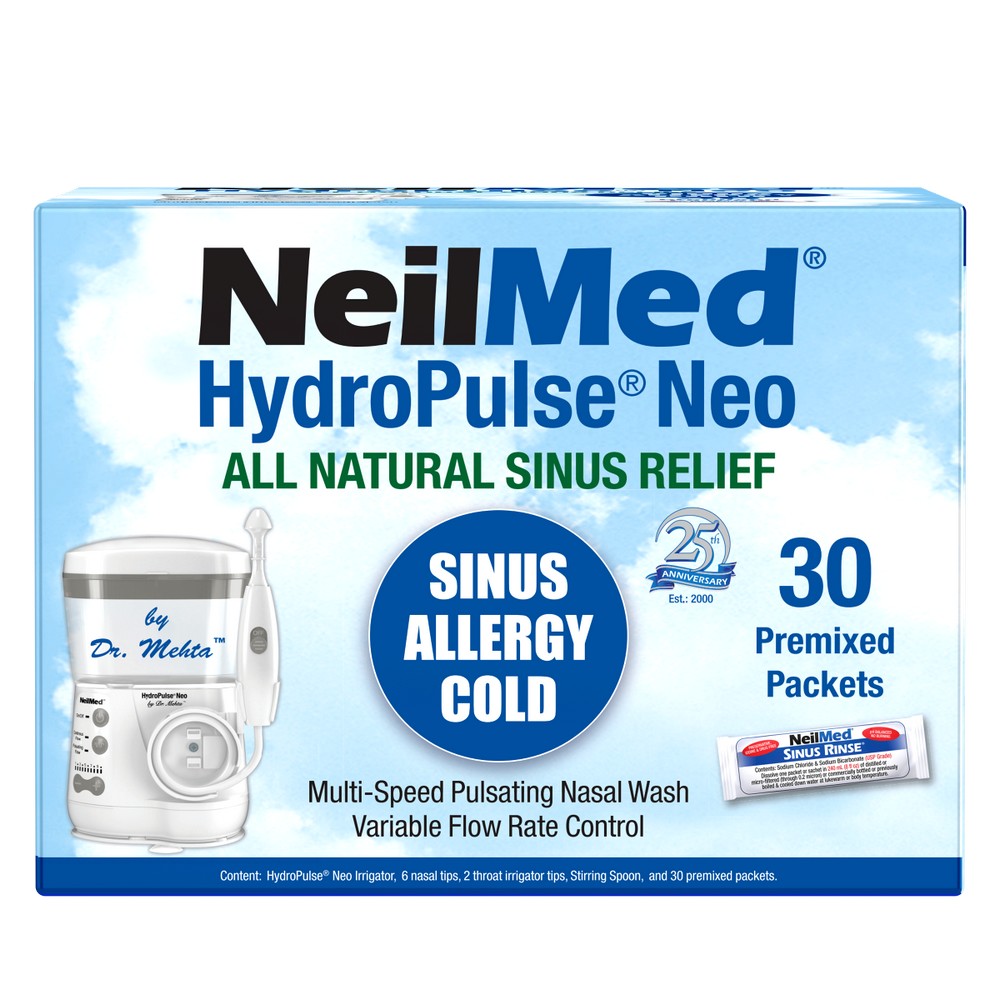 NeilMed HydroPulse Neo nasal irrigator box with 30 premixed saline packets for sinus relief.