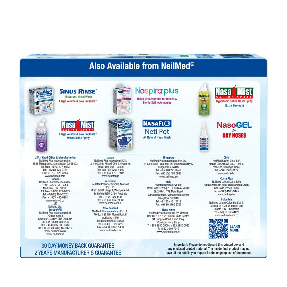 NeilMed product packaging box showing available nasal care products including Sinus Rinse, Naspira plus, Nasa Mist, Neti Pot, and NasoGEL with international contact information.