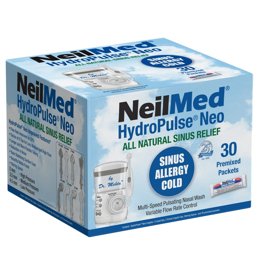 NeilMed HydroPulse Neo nasal irrigation system box with 30 premixed saline packets for sinus relief.