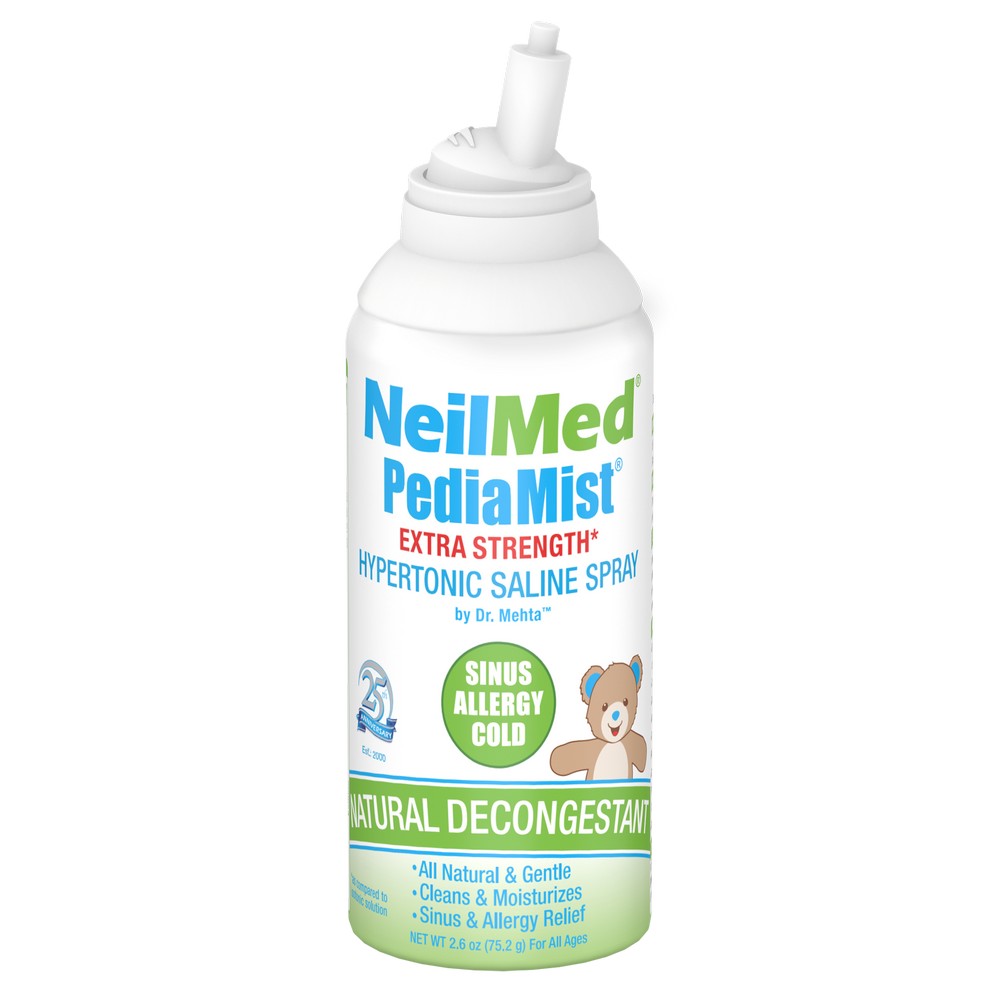 NeilMed PediaMist Extra Strength Saline Spray bottle on a white background