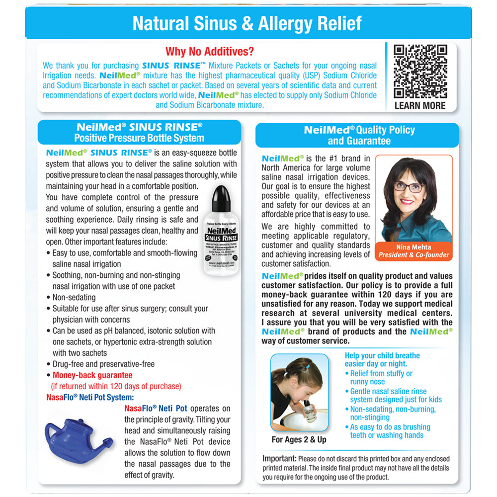 NeiMed Sinus Rinse product information flyer with text and images.
