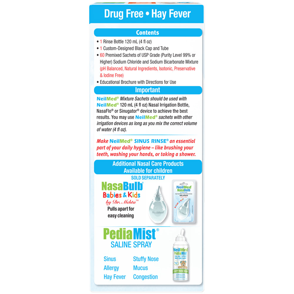 Product packaging for Drug Free Hay Fever with text and images of a bottle and device on a white background.