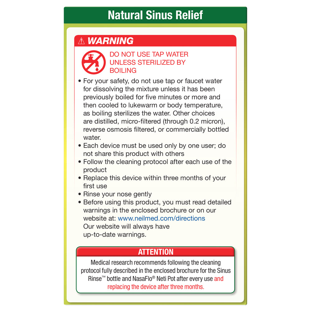 Warning label for natural sinus relief product with text and icons.