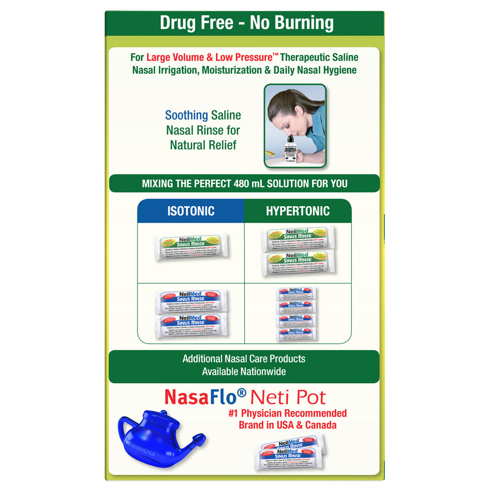Advertisement for NasaFlo Neti Pot nasal irrigation system with product packaging and text on a green and white background.