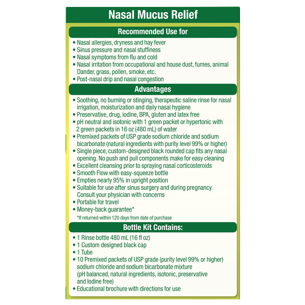 Nasal mucus relief product label with recommended use, advantages, and bottle kit contents.