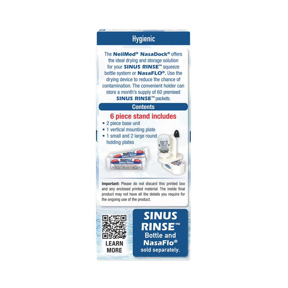 Box of Sinus Rinse bottle and NasaFlo holder with text on a white background
