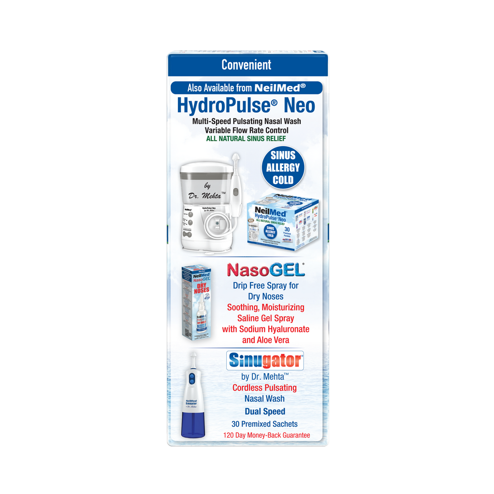 Packaging of NeilMed HydroPulse Neo, NasoGEL, and Sinugator products on a white background