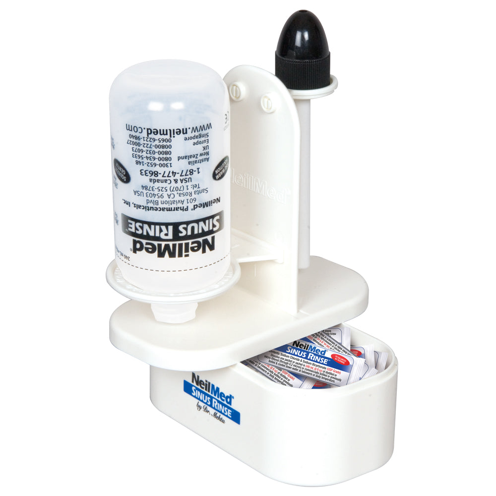 White mouthwash holder with NeilMed products on a white background