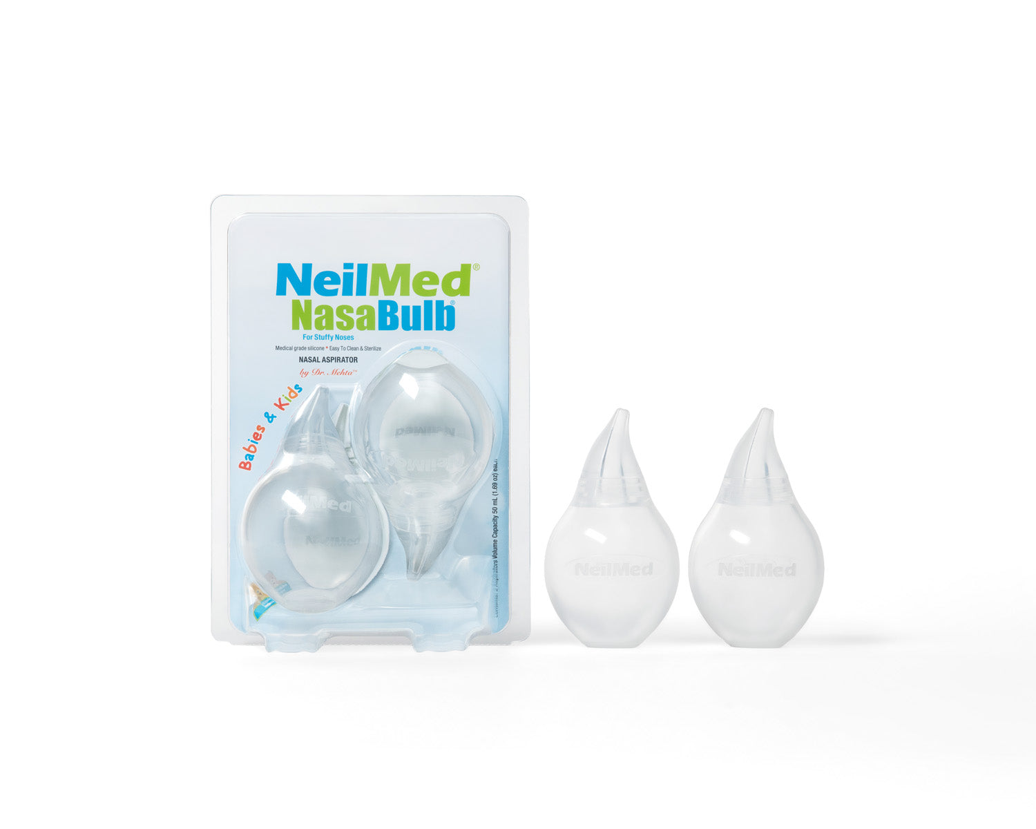NeilMed NasaBulb packaging with two clear bulbs on a white background