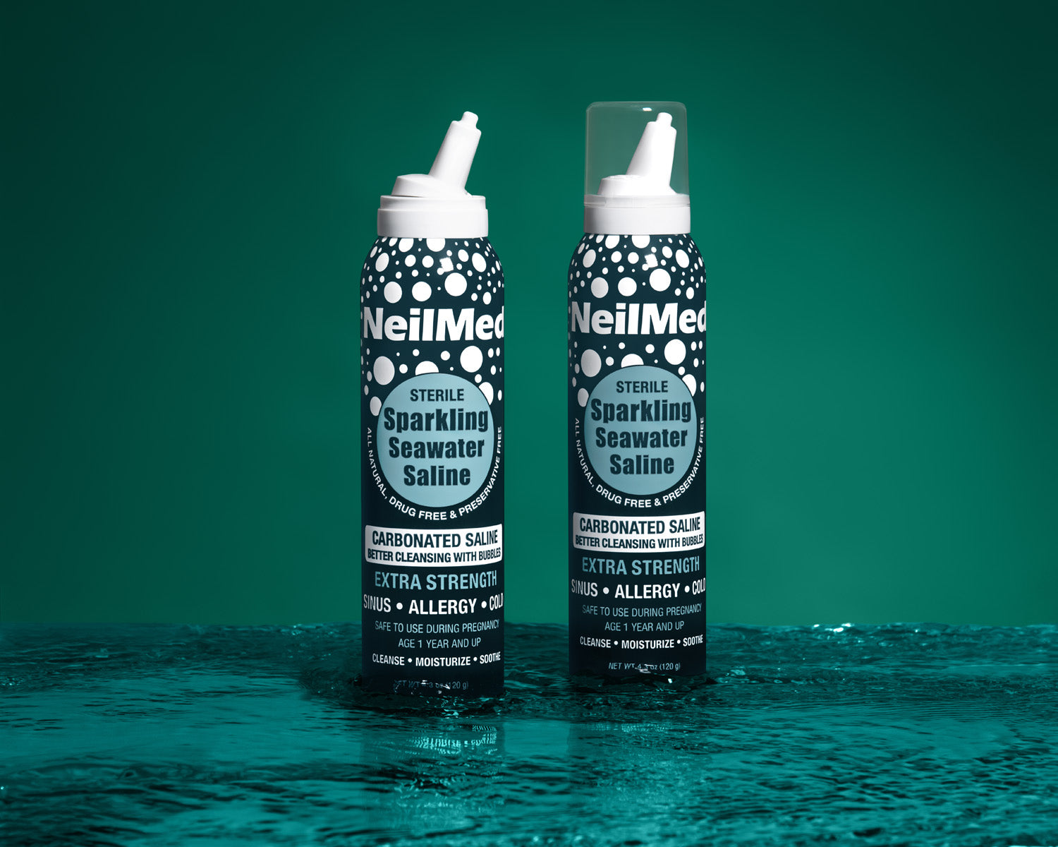 Two bottles of NeilMed Sterile Sparkling Seawater Saline on a teal background