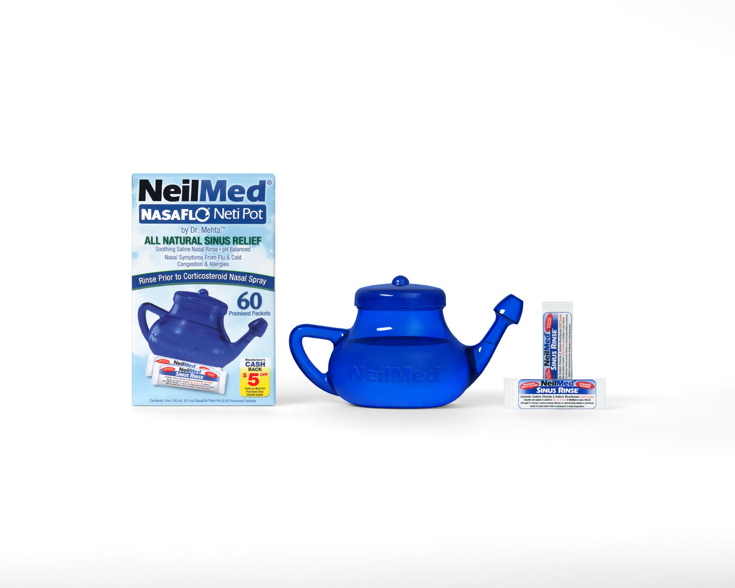 Blue neti pot with NeilMed packaging and a tube of medicine on a white background