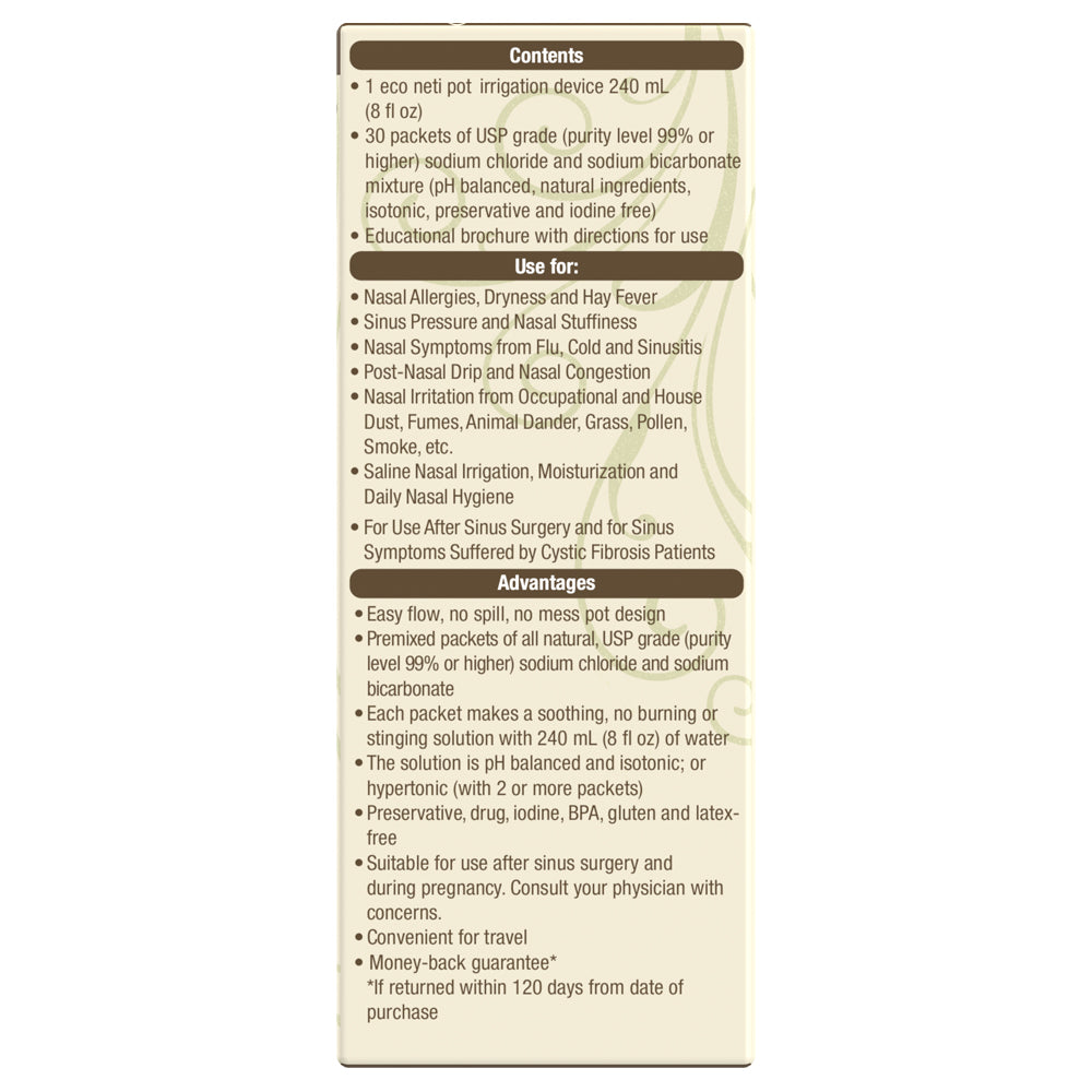 Product packaging with text detailing contents, uses, and advantages on a white background