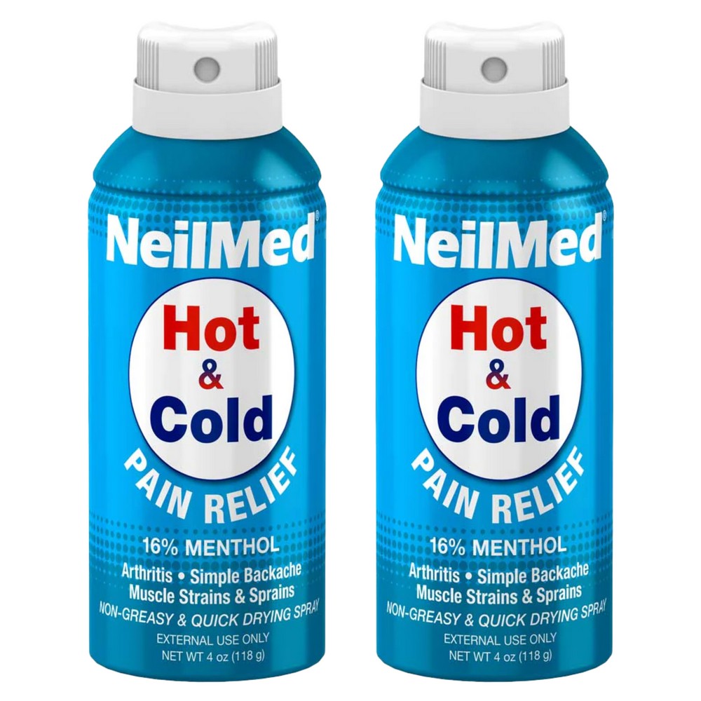 Two bottles of NeilMed Hot & Cold Pain Relief spray on a white background