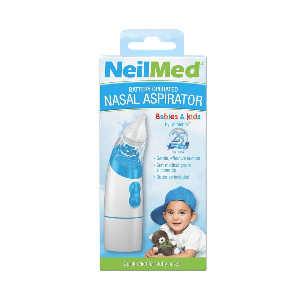 NeilMed battery operated nasal aspirator packaging with a child and dog illustration on a white background