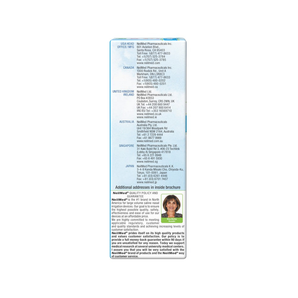 Back of a NeutroMed pharmaceutical product packaging with contact information and a photo of a person.