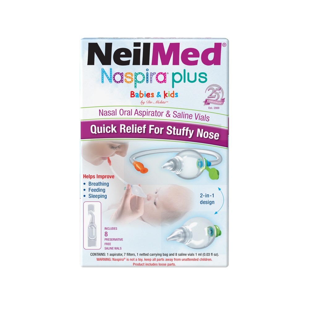 NeilMed Naspira plus nasal oral aspirator and saline vials packaging on a white background