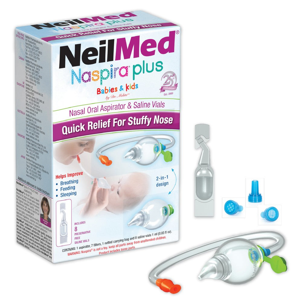 NeilMed Naspira plus nasal aspirator and saline vials packaging with product on a white background