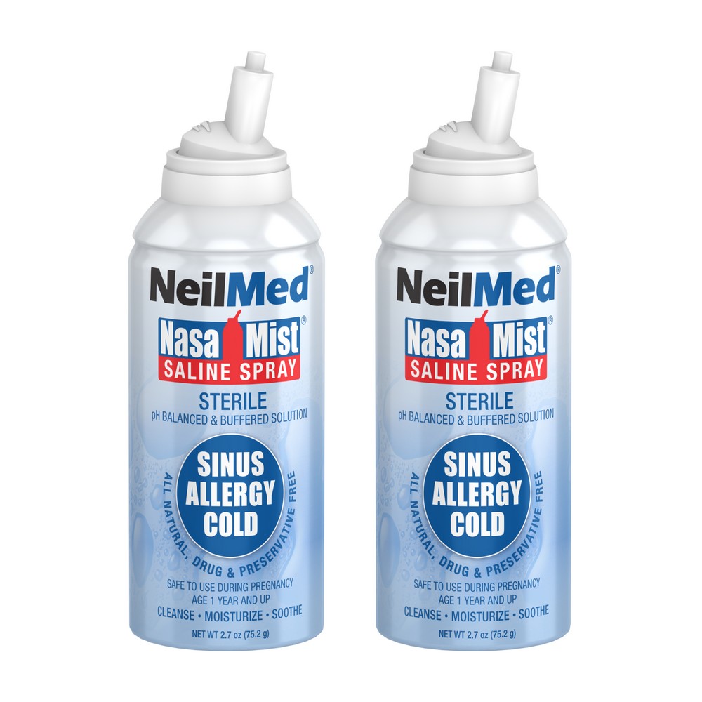 Two bottles of NeilMed NasaMist Saline Spray on a white background