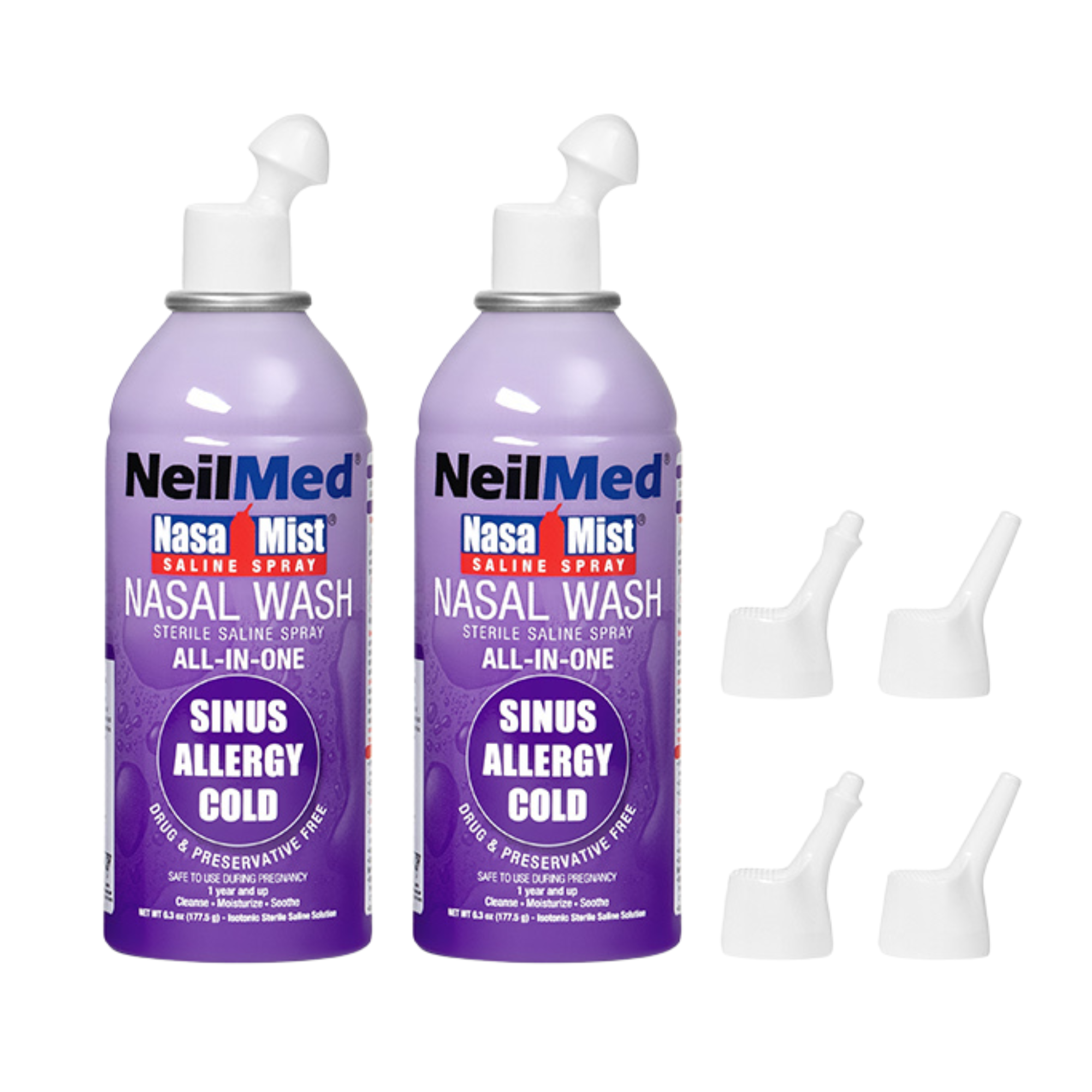 Two bottles of NeilMed NasaMist Nasal Wash on a white background