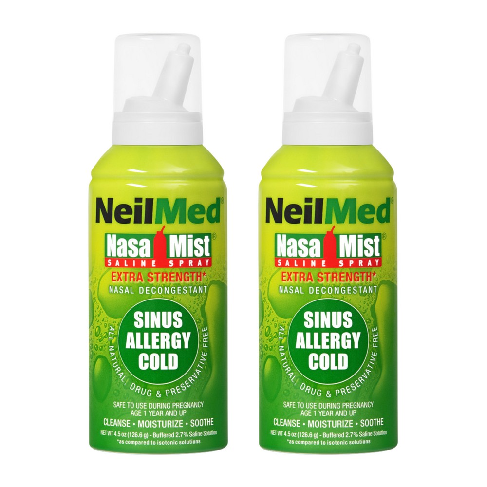 Two bottles of NeilMed Nasa Mist saline spray on a white background