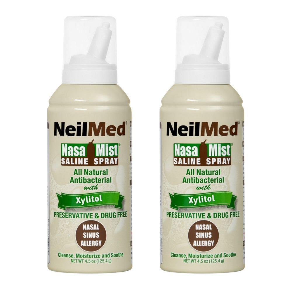 Two bottles of NeilMed Nasa Mist Saline Spray on a white background