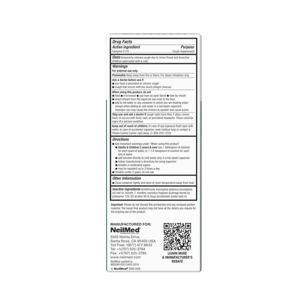 A white rectangular Drug Facts label with black text and a QR code, shown against a light gray background. The label includes product information, warnings, precautions, and manufacturer details for NeilMed.