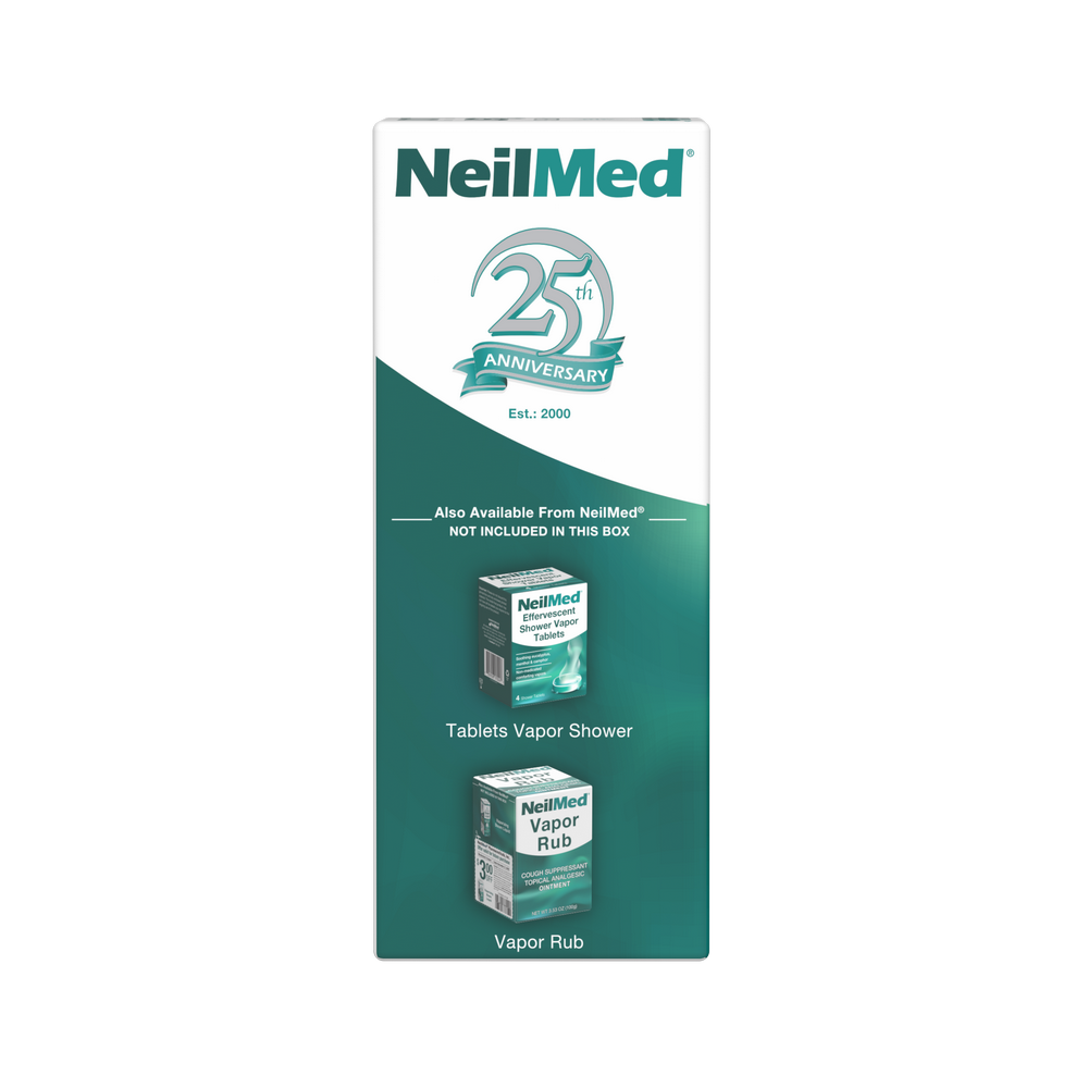 NeilMed 25th Anniversary Tablets Vapor Shower box, featuring a white and teal design with product imagery of the tablets and vapor rub box.