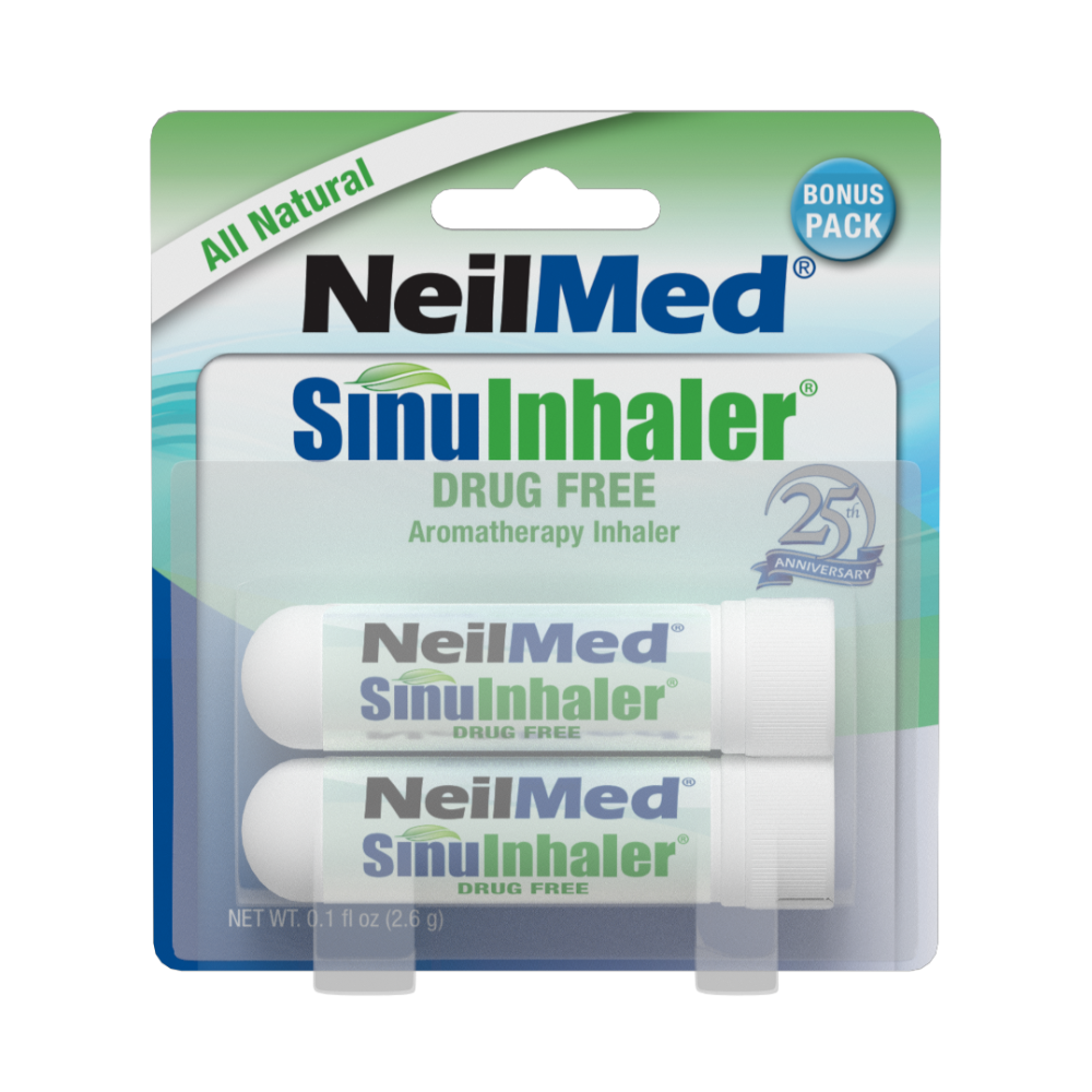 NeilMed SinuInhaler packaging with two inhalers and branding elements.