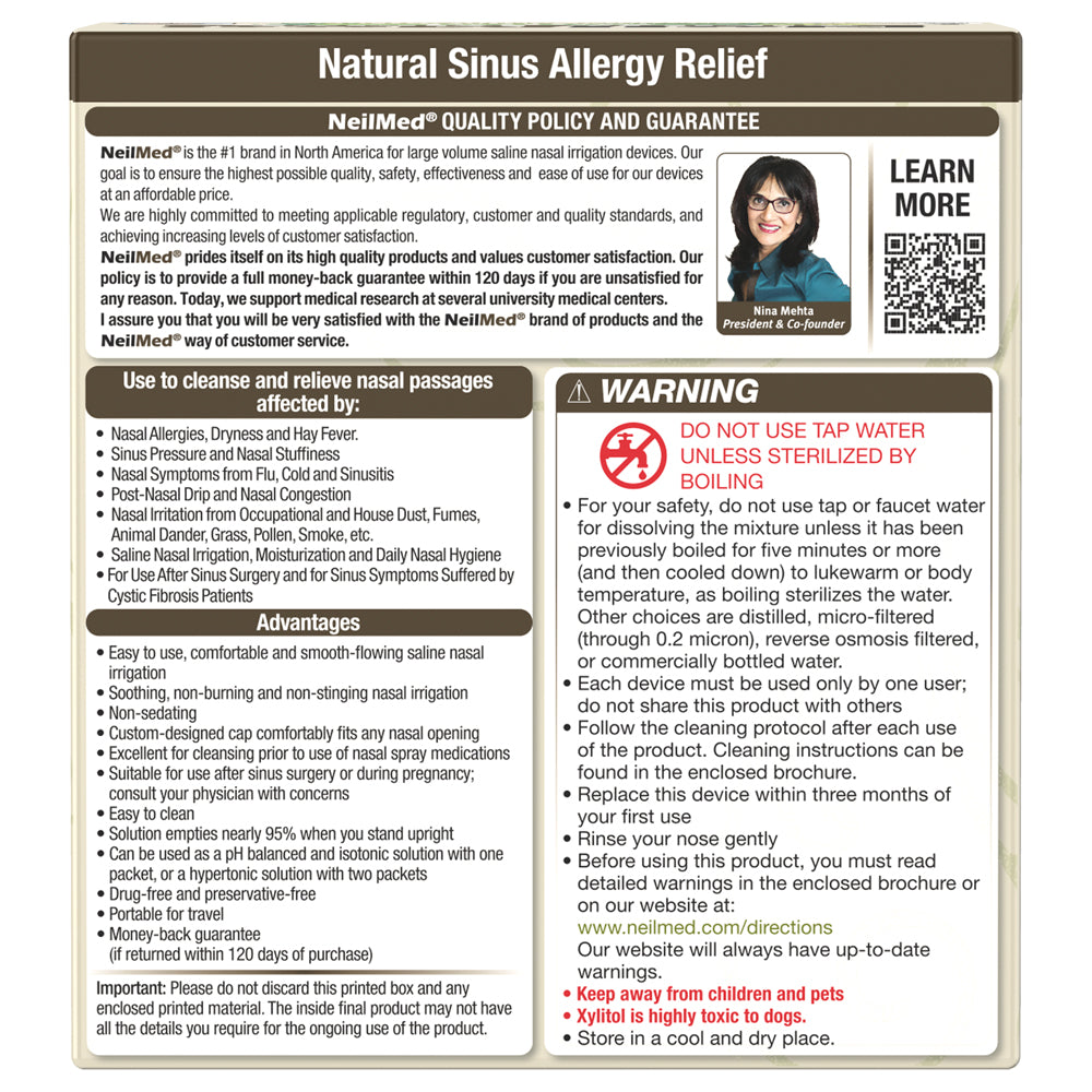 NeilMed Sinus Rinse packaging panel titled natural sinus allergy relief, showing quality policy, usage benefits, advantages, and warnings about using sterilized water and proper cleaning.
