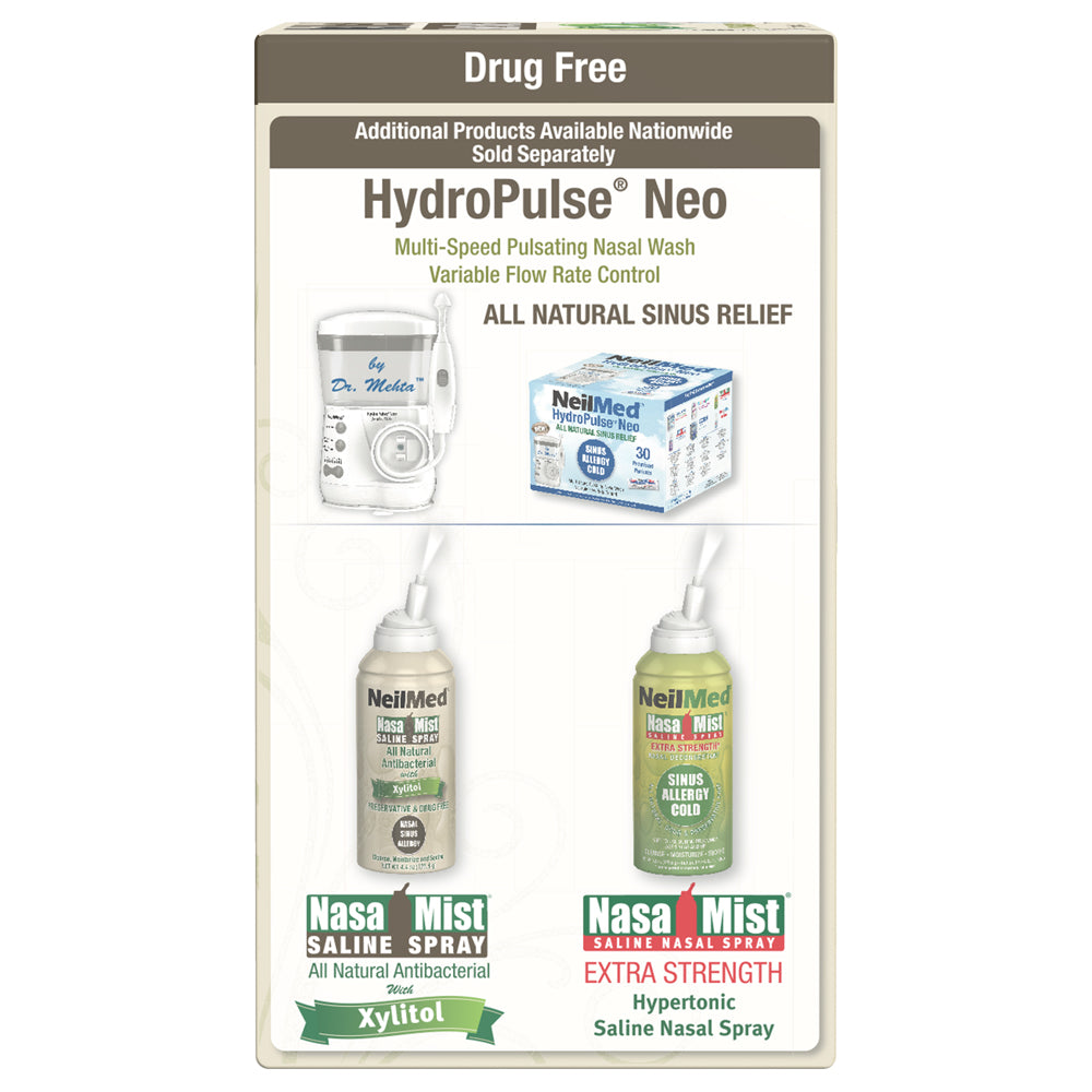 NeilMed product packaging panel labeled drug free, featuring HydroPulse Neo nasal wash system and NasaMist saline sprays including xylitol and extra strength hypertonic options.