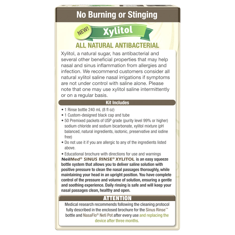 NeilMed Sinus Rinse Xylitol packaging panel labeled no burning or stinging, describing antibacterial benefits, kit contents, usage details, and cleaning and replacement instructions.