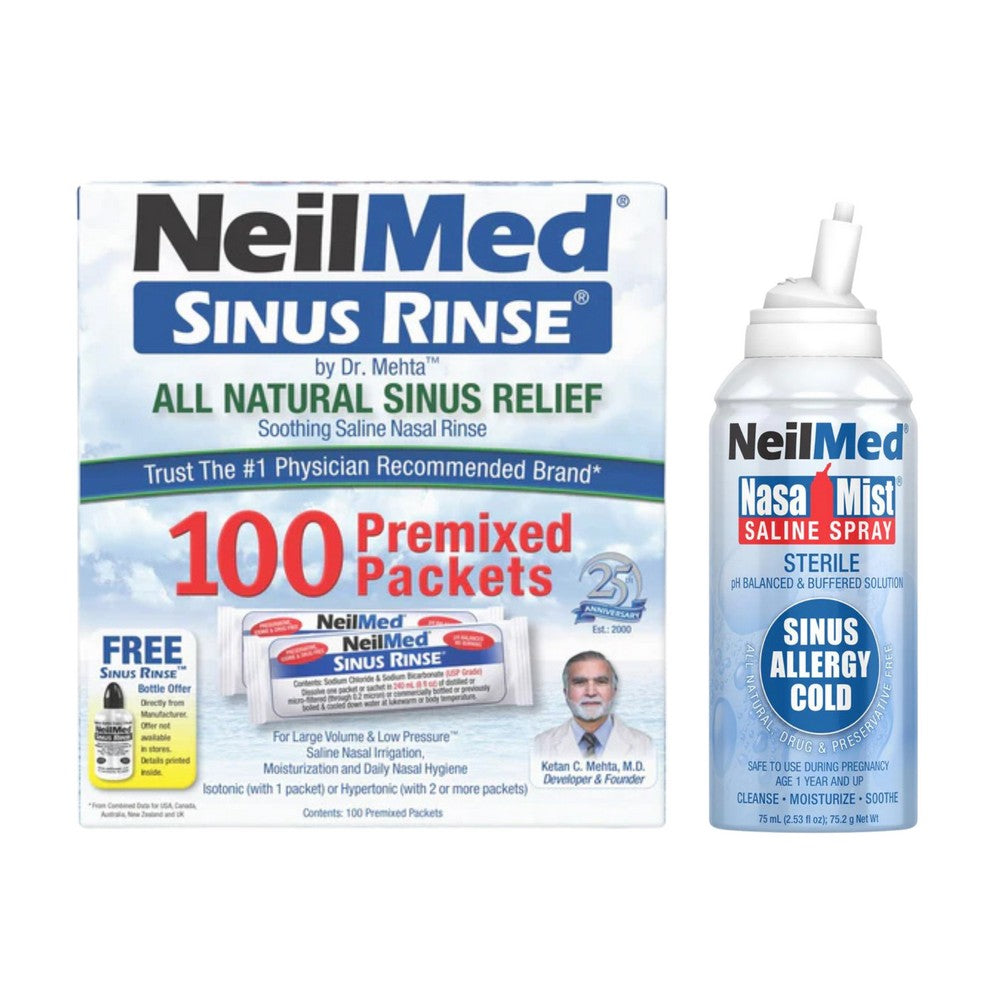NeilMed Sinus Rinse packaging and nasal spray on a white background
