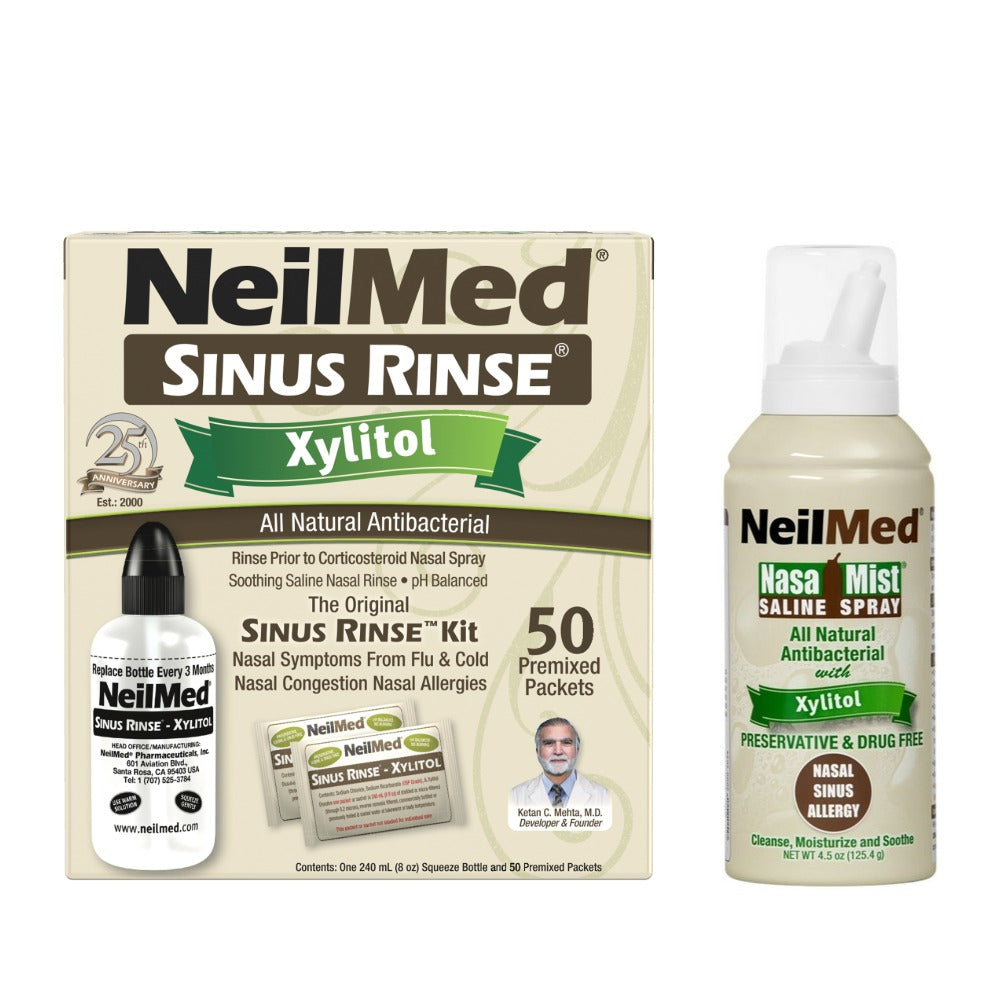 NeilMed Sinus Rinse packaging and Nasa Mist saline spray on a white background