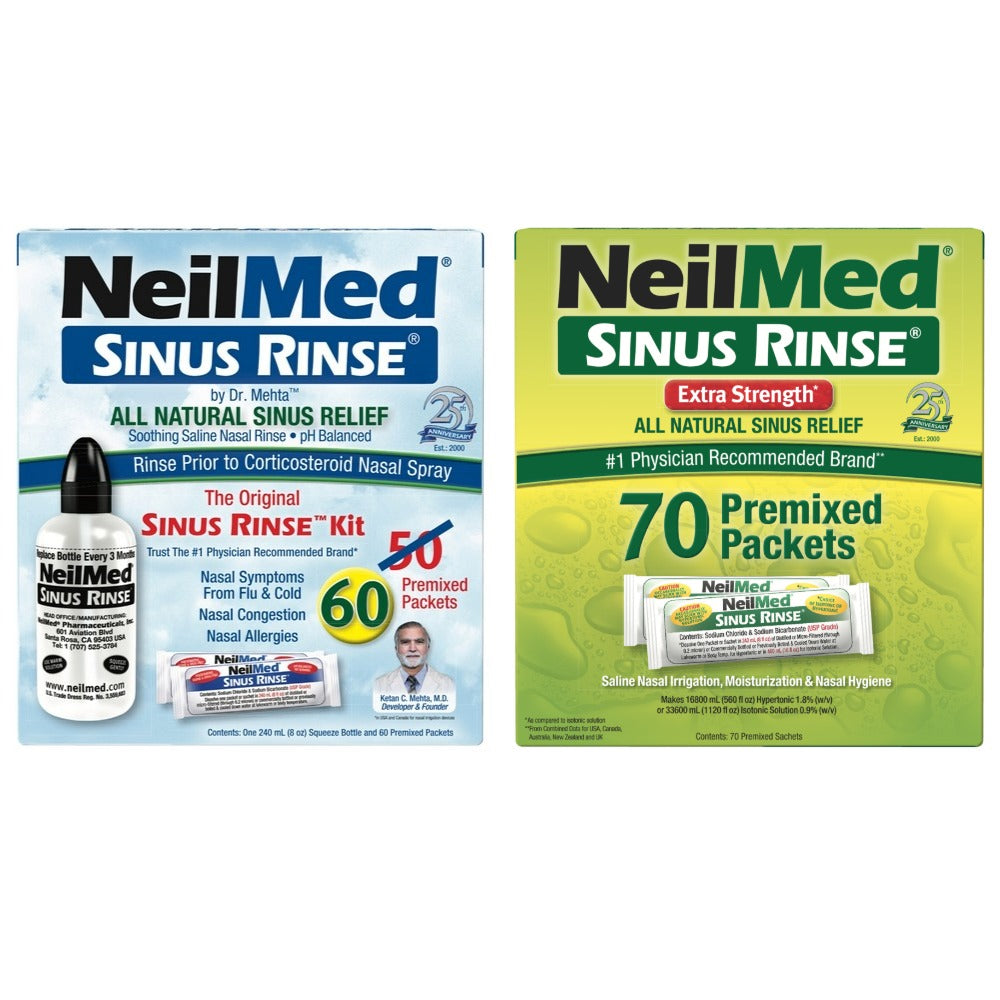 Two boxes of NeilMed Sinus Rinse products on a white background
