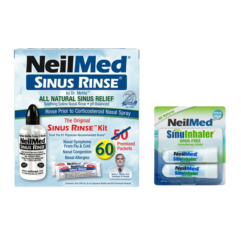 NeilMed Sinus Rinse packaging with a bottle and packets on a white background