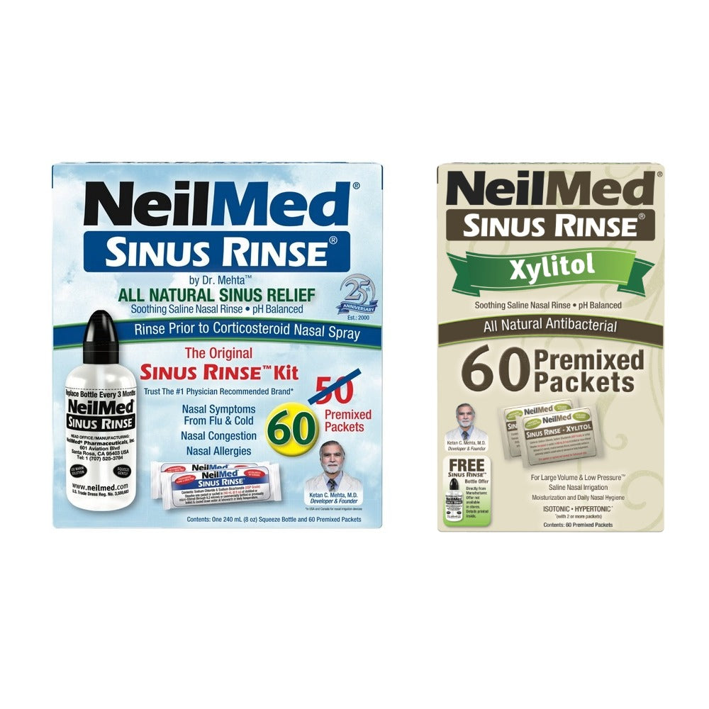 Two NeilMed sinus rinse products on a white background